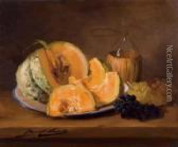 Stilleben Mit Melone Und Chiantiflasche. Oil Painting - Alphonse de Neuville