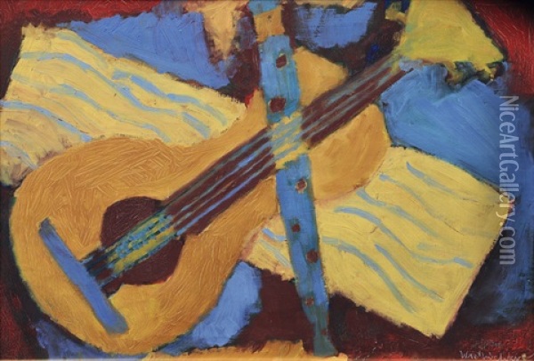 Still Life With Guitar Oil Painting - Gustav Wiethuechter
