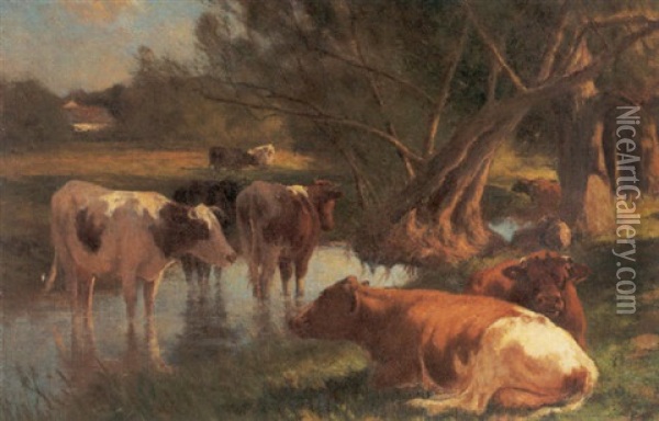 Cows Watering Beside A Stream Oil Painting - William Henry Howe