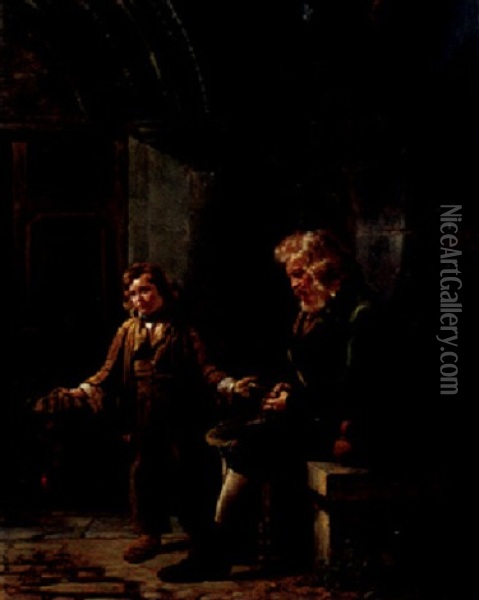 A Blind Man Seated And A Boy Begging Outside A Church Oil Painting - Claude Bonnefond