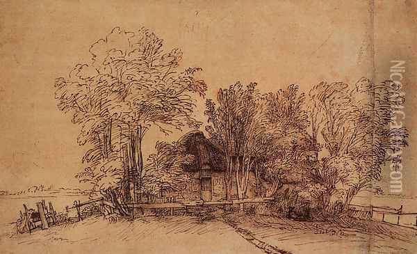Cottage Among Trees 1650-51 Oil Painting - Rembrandt Van Rijn