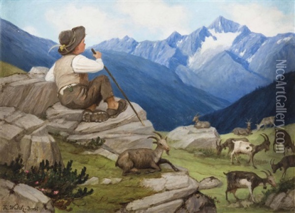 Hirterbub Auf Hochalm Mit Seinen Ziegen Oil Painting - Thomas Walch