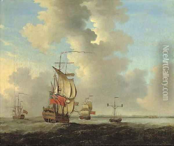 Men-o'-war, one of them lying at anchor, off Sheerness near the Nore lightship Oil Painting - Francis Swaine