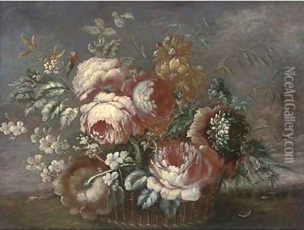 Roses, chrysanthemums and other flowers in a basket, a landscape beyond Oil Painting - Francesco Lavagna