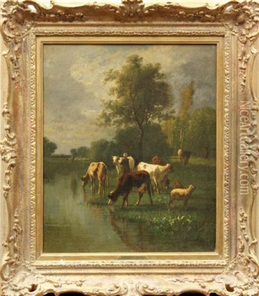 Landscape With Cows Watering Oil Painting - Antonio Cortes Cordero