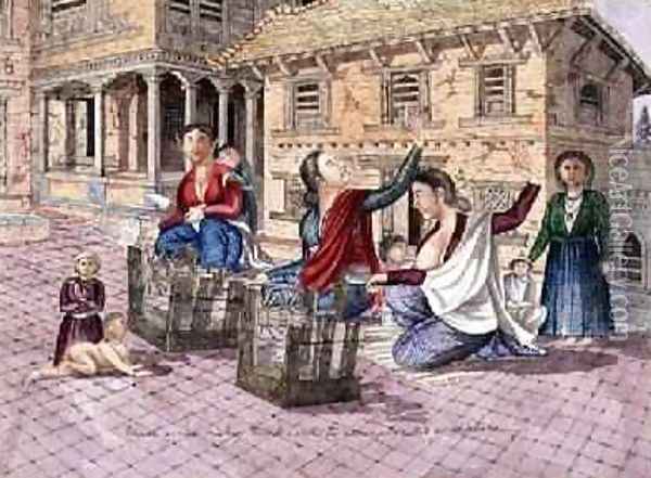 Newar women making thread with the instrument called a chirkaha Nepal 1854 Oil Painting - Dr. H.A. Oldfield