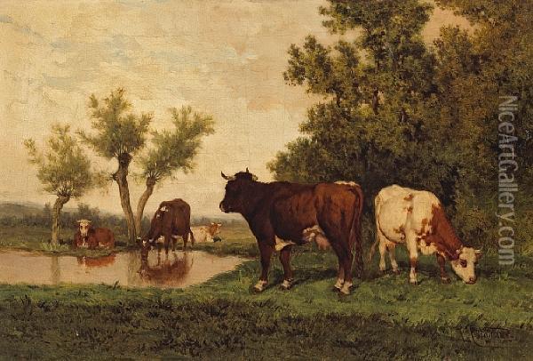 Cattle Grazing Near A Pond Oil Painting - Louis Coignard