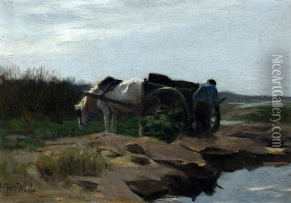 Boer Met Paard En Wagen Bij Het Water Oil Painting - Herman Johannes van der Weele