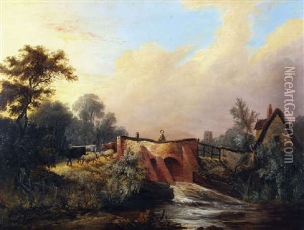 River Landscape With Figure, Cattle, Sheep On A Bridge, Cottage And Church Beyond Oil Painting - John Berney Ladbrooke