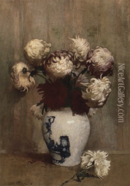 Mums In An Oriental Vase Oil Painting - Emil Carlsen
