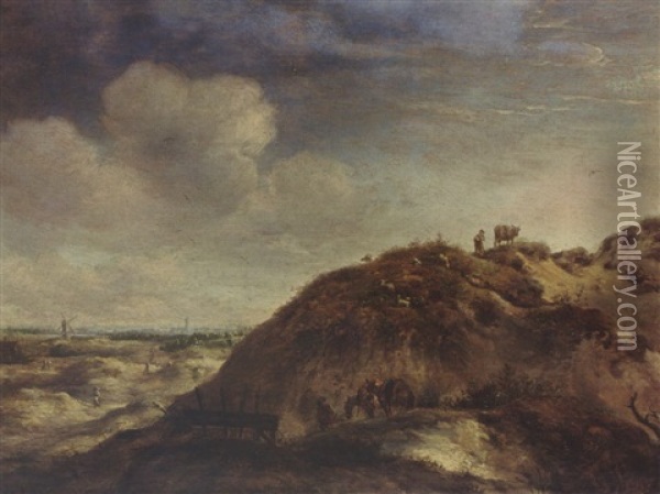 A Dune Landscape With A Traveller And Two Donkeys On A Path, A Shepherd And His Herd, Together With Other Figures, A City In The Distance Oil Painting - Jan Wouwerman