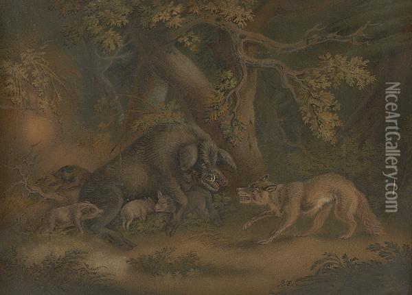 A Wild Boar And Fox Oil Painting - Benjamin Zobel