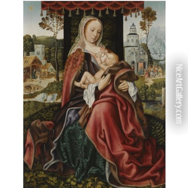 The Virgin And Child In A Landscape Setting, With The Nativity And The Adoration Of The Magi In The Background Oil Painting -  Master of Frankfurt