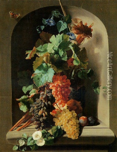 Grappes De Raisins Et Fleurs Dans Une Niche Oil Painting - Jan Frans Van Dael