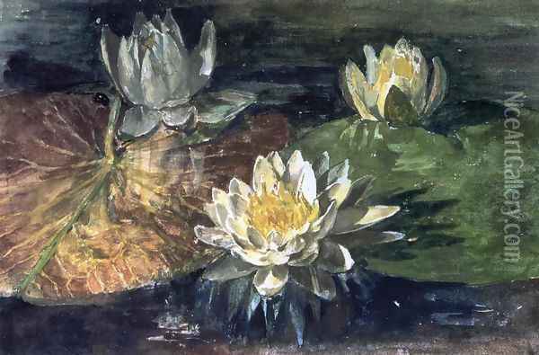Water-Lilies, Red and Green Pads Oil Painting - John La Farge