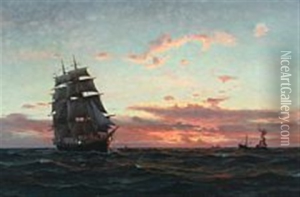 Seascape At Sunset Oil Painting - Christian Benjamin Olsen