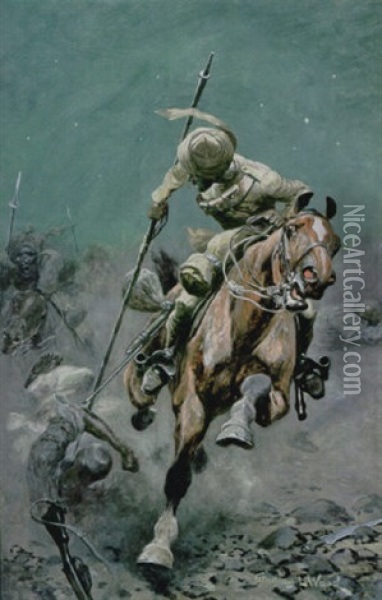 Cavalry Charging Through Enemy Lines Oil Painting - Stanley L. Wood