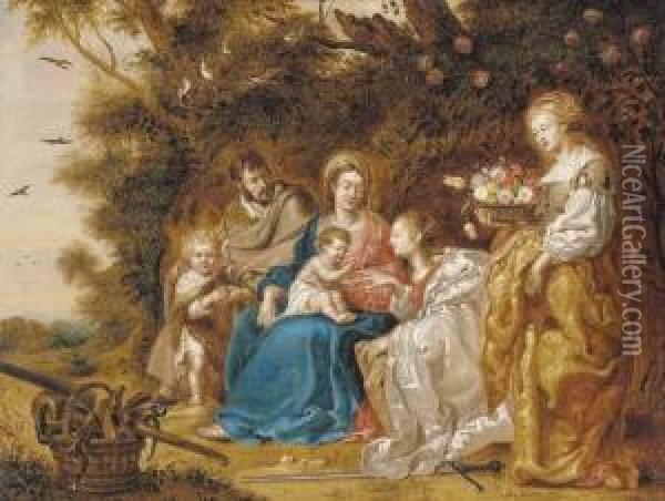 The Mystic Marriage Of Saint 
Catherine Of Alexandria, With Saint Joseph, Saint Dorothea And The 
Infant Saint John The Baptist Oil Painting - Jan Van Balen