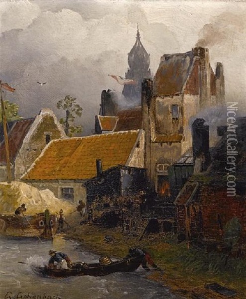 A Fishing Village By A River Oil Painting - Andreas Achenbach