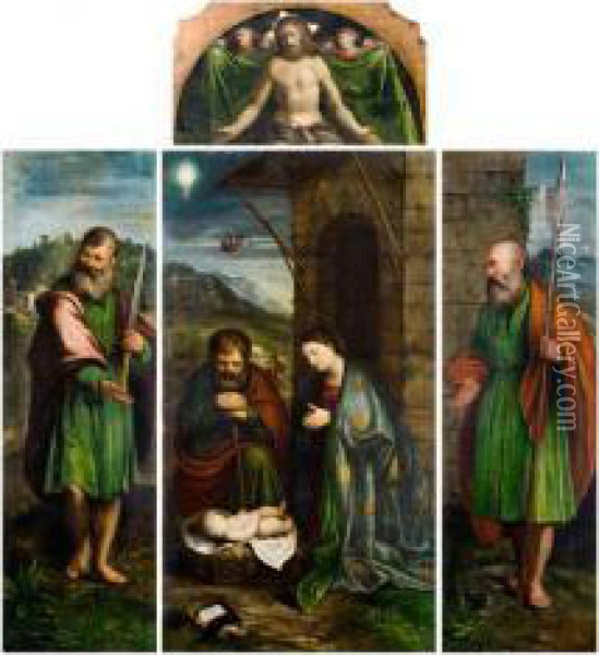 La Nativita Tra I Santi Simone E Giuda Taddeo, Con Cristo In Pieta Sorretto Da Angeli Oil Painting - Calisto Piazza