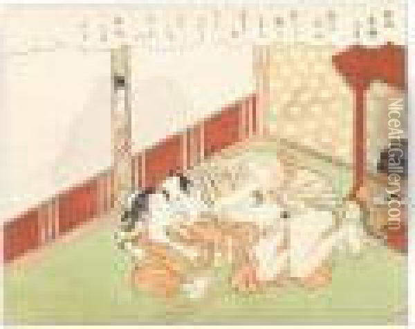 An Older Woman Crouched Behind A Partially Open Shoji Spying Upon A Couple Making Love Oil Painting - Suzuki Harunobu
