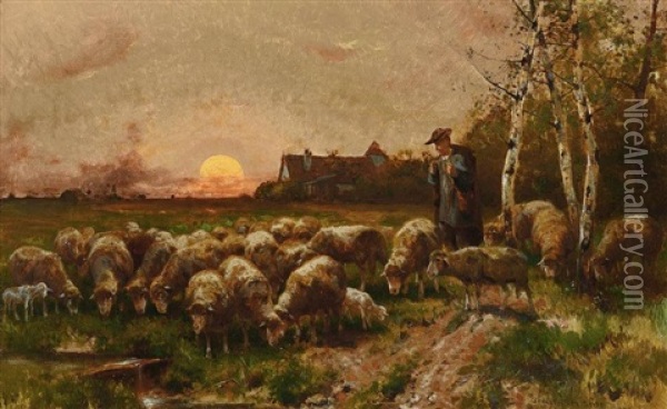 Schafer Mit Seiner Herde In Abendlicher Bachlandschaft Oil Painting - Adolf Ernst Meissner