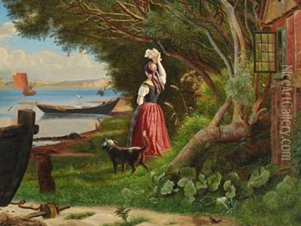 En Ung Pige, Der Vifter Farvel, Inlet Scenery With A Young Girl Parting From Her Lover, Standing With Her Dog Outside A Half-timbering House Oil Painting - Christen Dalsgaard