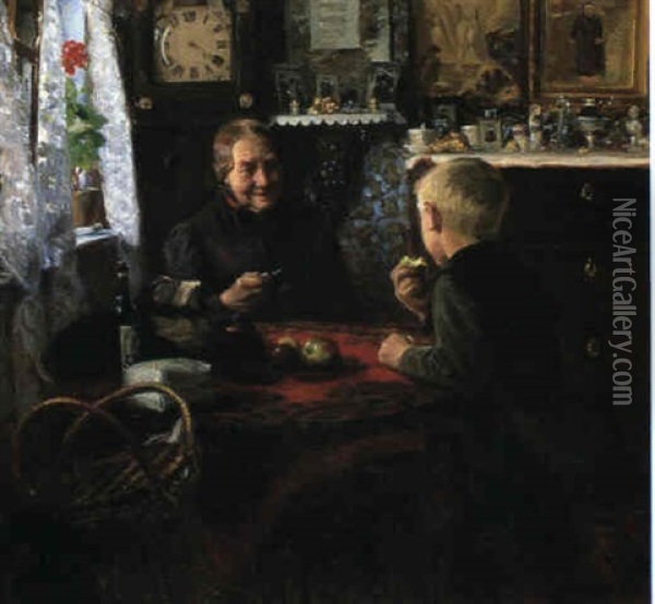 Interior 'den Lille Dreng Pa Besog Hos Sin Bedstemor' Oil Painting - Hans Andersen Brendekilde