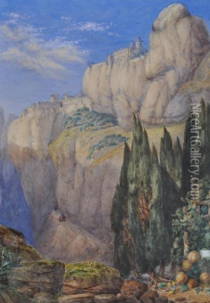 Italian Mountain Landscape View Towards A Monastery Oil Painting - Achille Carelli
