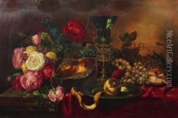 Stillleben Mit Pokal Und Schalen, Fruchten Und Blumen Oil Painting - Reinhold Schweitzer