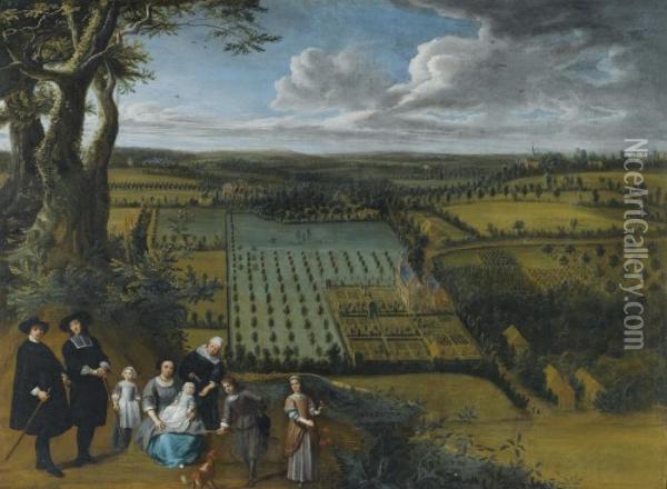 A Family Portrait Said To Be Of 
The Van Der Witte Family, Depicted On A Rise Overlooking Their Estate Oil Painting - Gillis van Tilborgh