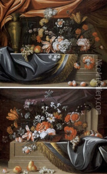 Fleurs Et Fruits Sur Des Entablements De Marbre Drapes (pair) Oil Painting - Jean-Baptiste Monnoyer