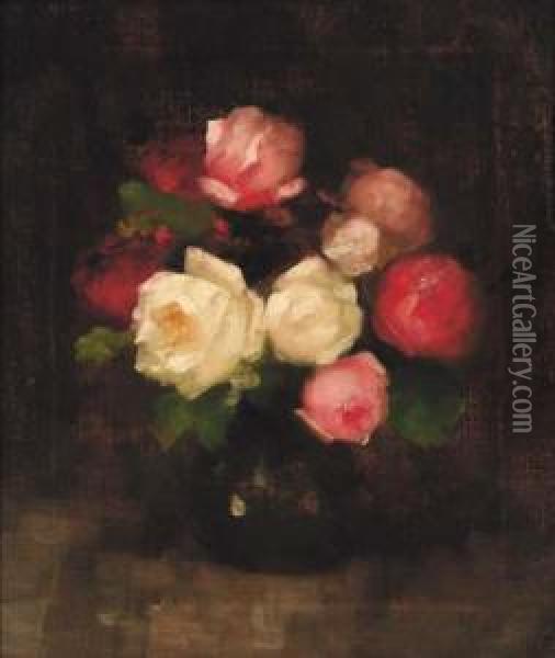 Pink And Red Roses In A Vase Oil Painting - Louise Ellen Perman