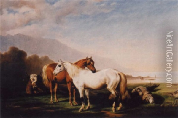 Landschaft Mit Pferden Und Schafen Oil Painting - Charles (Jean-Ch. Ferdinand) Humbert