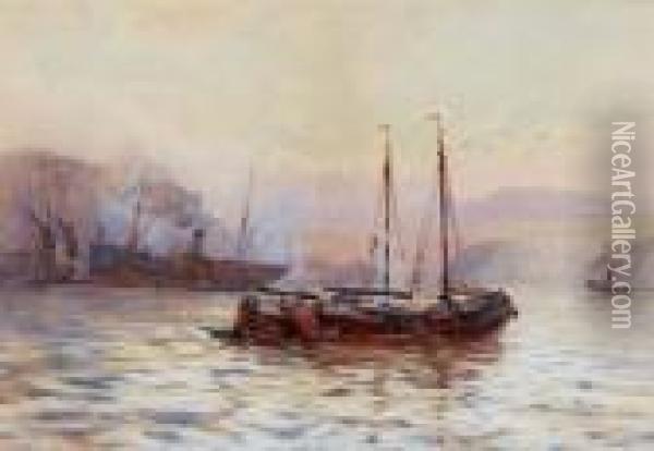 Sailing Barges Below London Bridge Oil Painting - William Harrison Scarborough