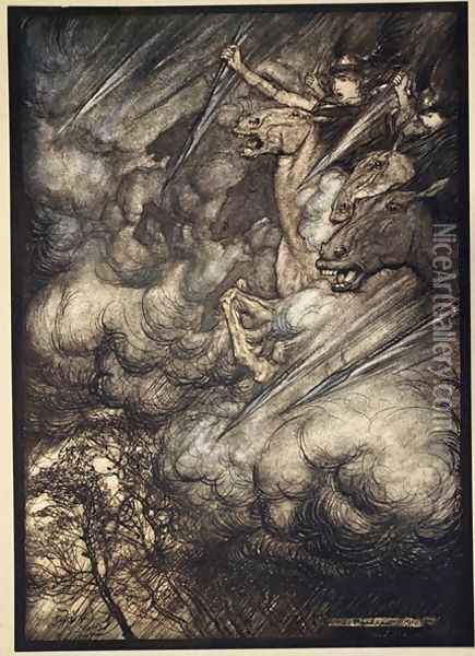 The ride of the Valkyries, illustration from The Rhinegold and the Valkyrie, 1910 Oil Painting - Arthur Rackham