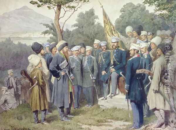 Caucasian Leader Shamil surrendering to Count Baryatinsky in 1859 Oil Painting - Aleksei Danilovich Kivshenko