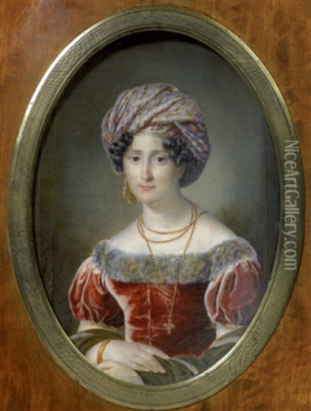 Une Jeune Femme En Robe De Velours Carmin Borde De Fourrure Oil Painting - Aimee Zoe Lizinka de Mirbel