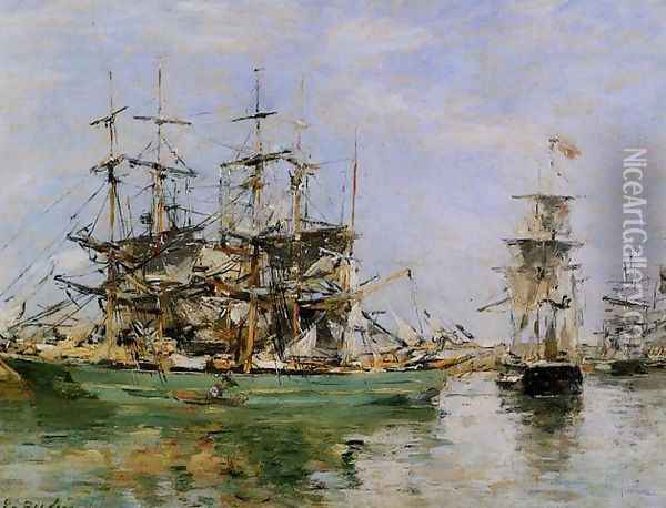 A Three Masted Ship in Port Oil Painting - Eugene Boudin
