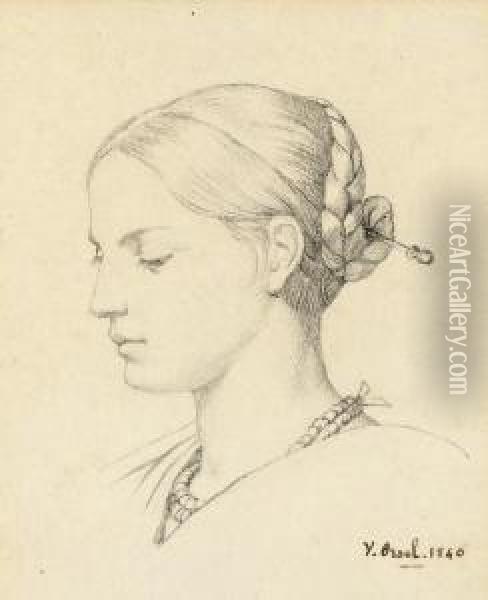 Portrait Of A Young Woman, In Profile To The Left, A Pin In Her Hair Oil Painting - Victor Orsel