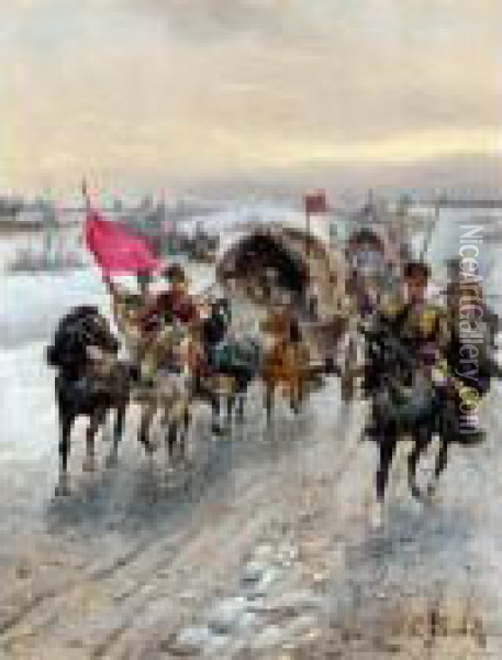 Advancing Cossack Convoy Oil Painting - Konstantin Stoilov