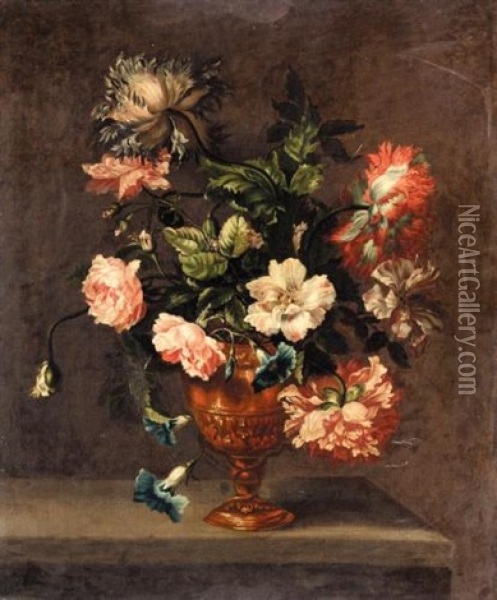 Still Life Of Roses, Paeonies, And Other Flowers In A Vase On A Ledge Oil Painting - Emily Coppin Stannard