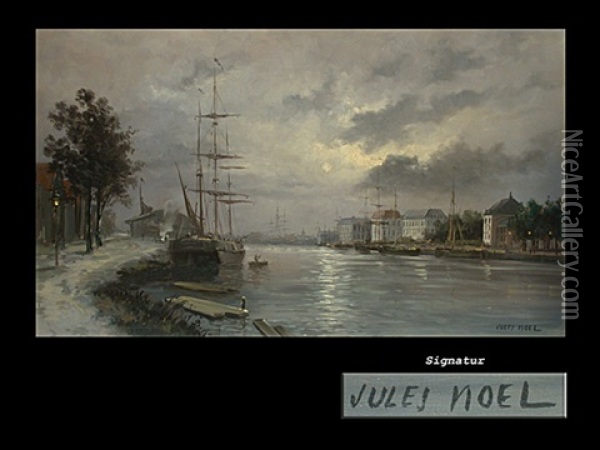 Hafenanlage Mit Segelschiffen Bei Mondschein Oil Painting - Jules Achille Noel