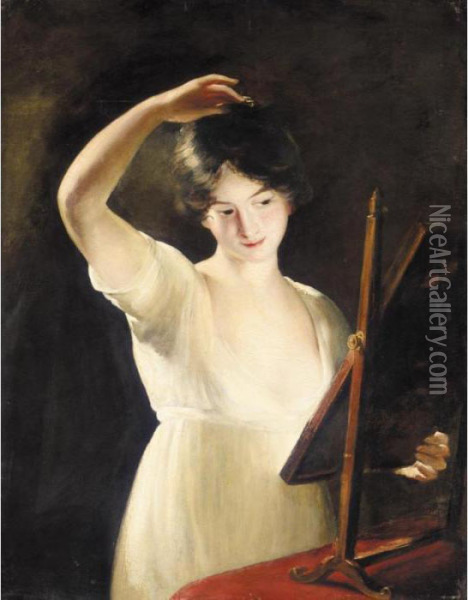 A Girl Looking At Herself In The Mirror Oil Painting - John James Masquerier