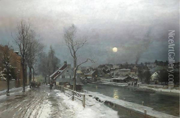 A Busy Town In Moonlight Oil Painting - Anders Anderson-Lundby