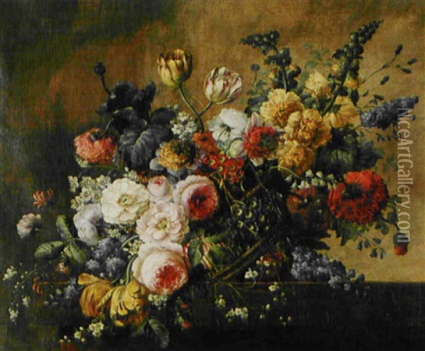 Corbeille De Fleurs Sur Un Entablement Oil Painting - Michel Bruno Bellanger