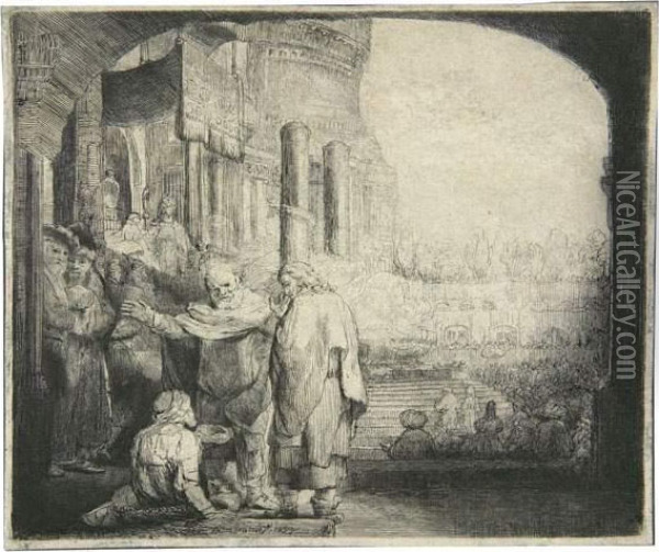 Petrus Und Johannes An Der Pforte Des Tempels. Querblatt. Oil Painting - Rembrandt Van Rijn