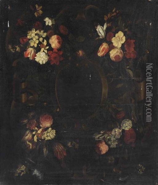 A Stone Cartouche Surrounded By Flower Garlands With Tulips, Roses, Blossoms, Daffodils, Peonies And Daisies Oil Painting - Frans Van Everbroeck