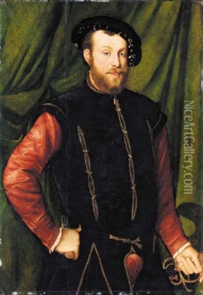 Portrait Of A Bearded Man In A Black Doublet With Crimson Sleeves And A Black Hat, A Dagger In His Right Hand And Sword In His Left Oil Painting - Jan Stephan von (Calcker) Calcar