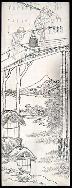 Dessin Une Femme Et Un Jeune Garcon Traversent Un Pont Oil Painting - Katsushika Hokusai